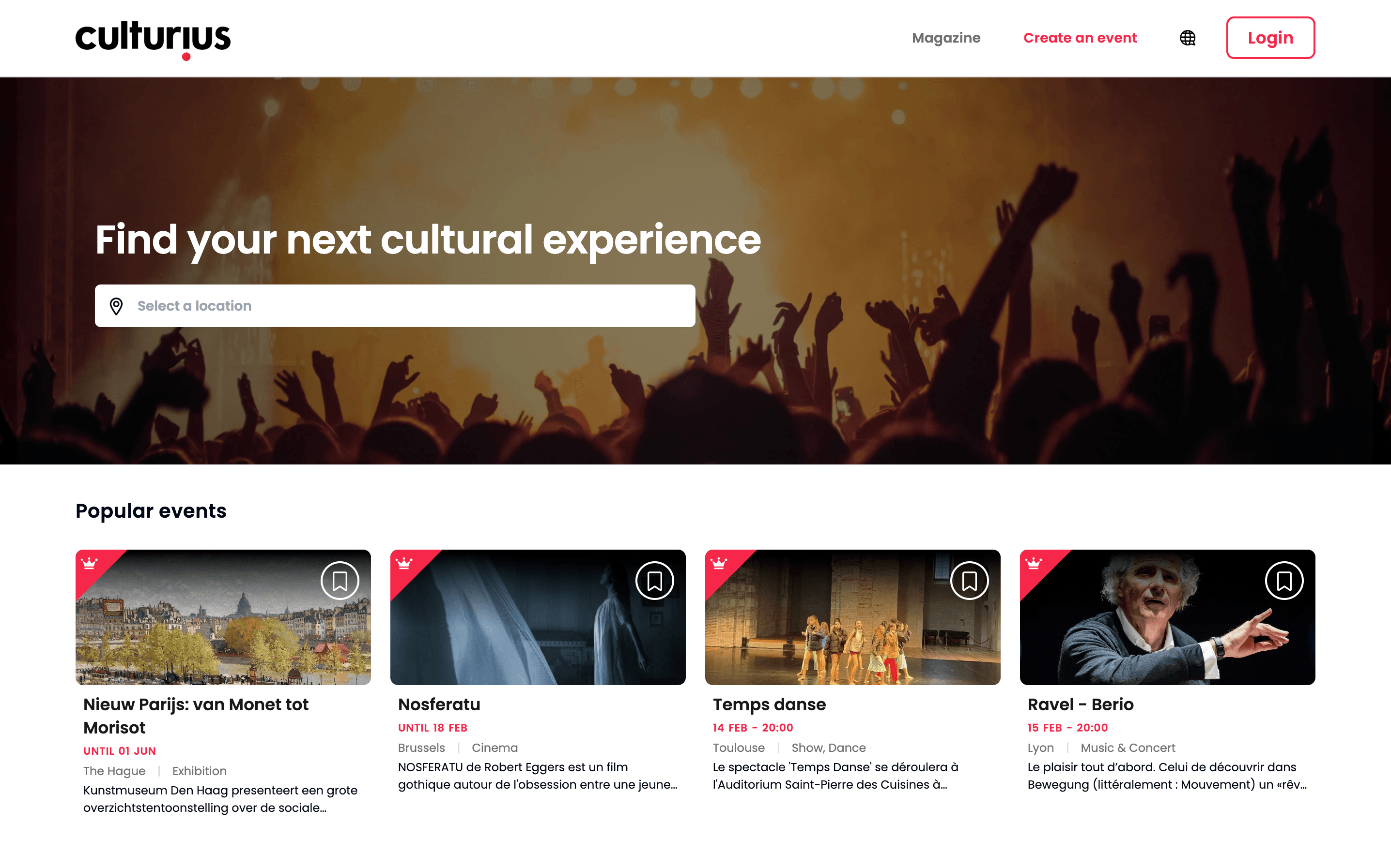 Homepage of the Culturius website, featuring a vibrant design and rich cultural content. Includes a prominent search bar for users to explore and discover events. Highlights premium events with detailed information, including captivating images and dates.