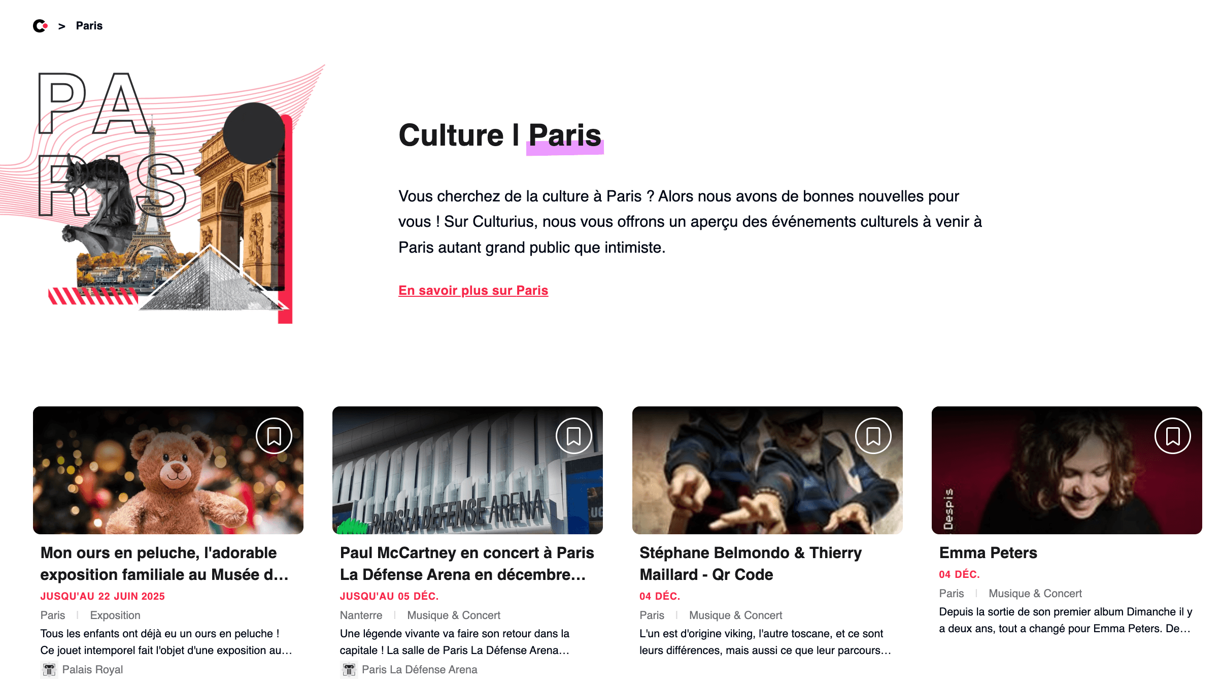 Screenshot of the Paris page on Culturius, showcasing a vibrant illustration of Paris, a curated guide to cultural activities, exhibitions, concerts, and top events to experience in the city.