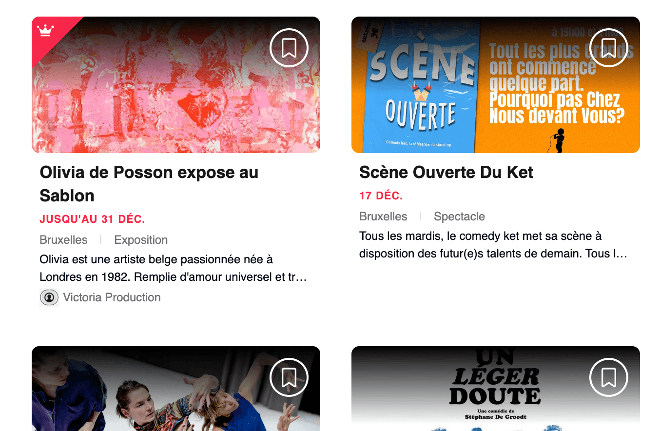 List of events, exhibitions, shows, and their details, including photos, dates, descriptions, and organizers, with the first event marked as a premium event with a crown.